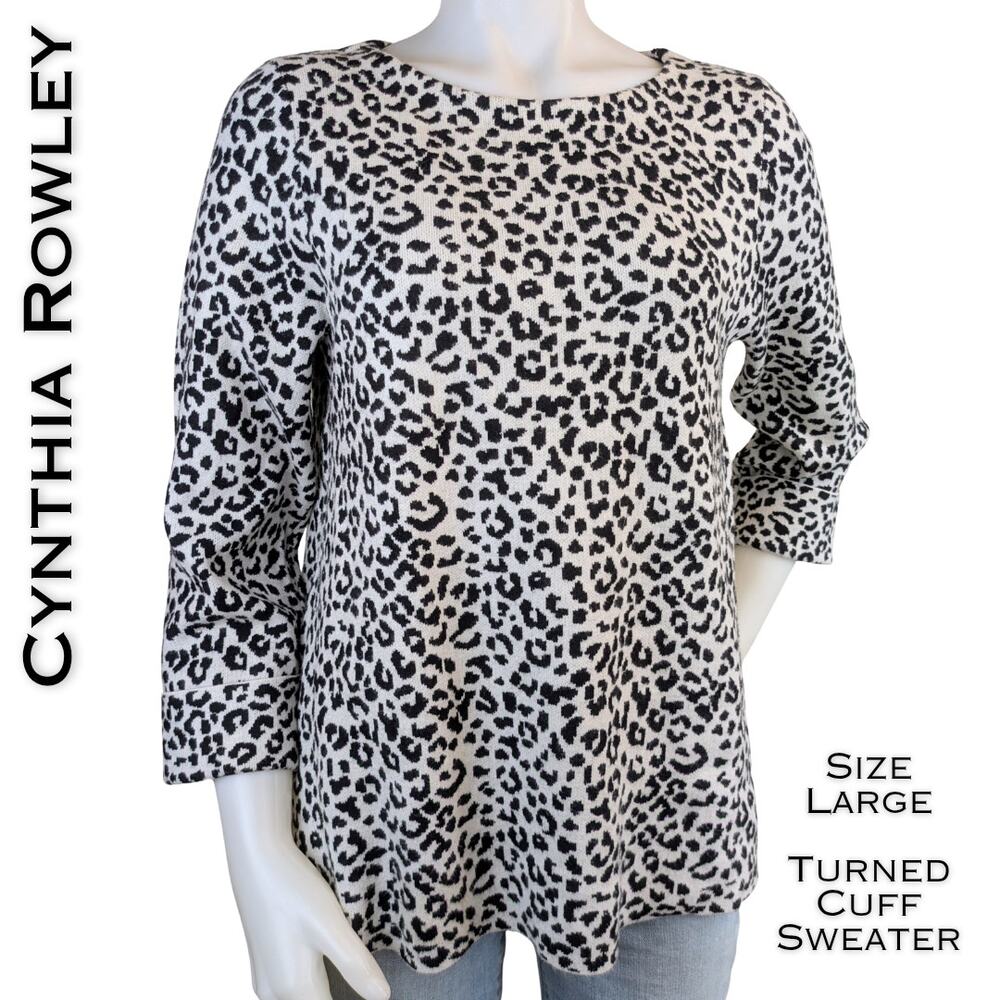 Cynthia Rowley Sweater Large Black Taupe Leopard Print Crew Neck 3/4 Sleeve Soft